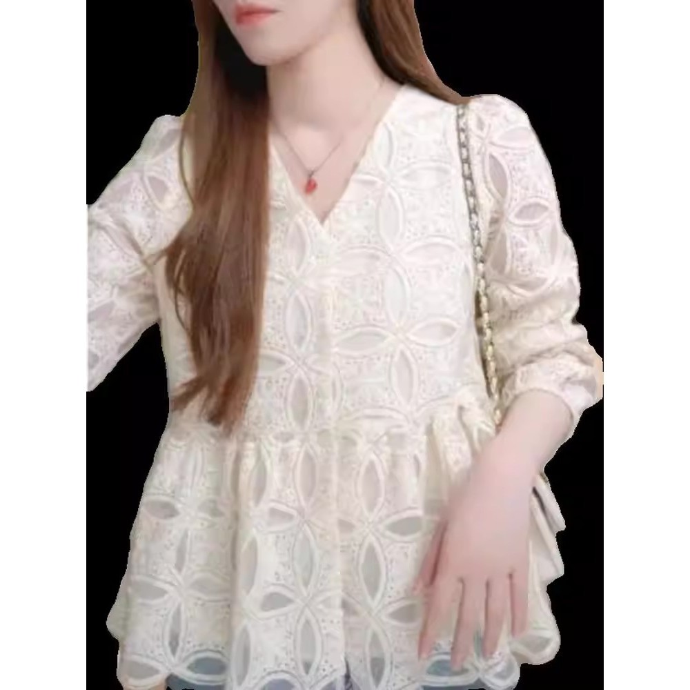 99309 เสื้อเชิ้ตแขนยาวคอวีปักลายลูกไม้สไตล์ฝรั่งเศสสุดเก๋จาก akifoon.store ออกแบบมาเพื่อปกปิดหน้าท้องและเน้นสัดส่วน ทำให - รูปที่ 5