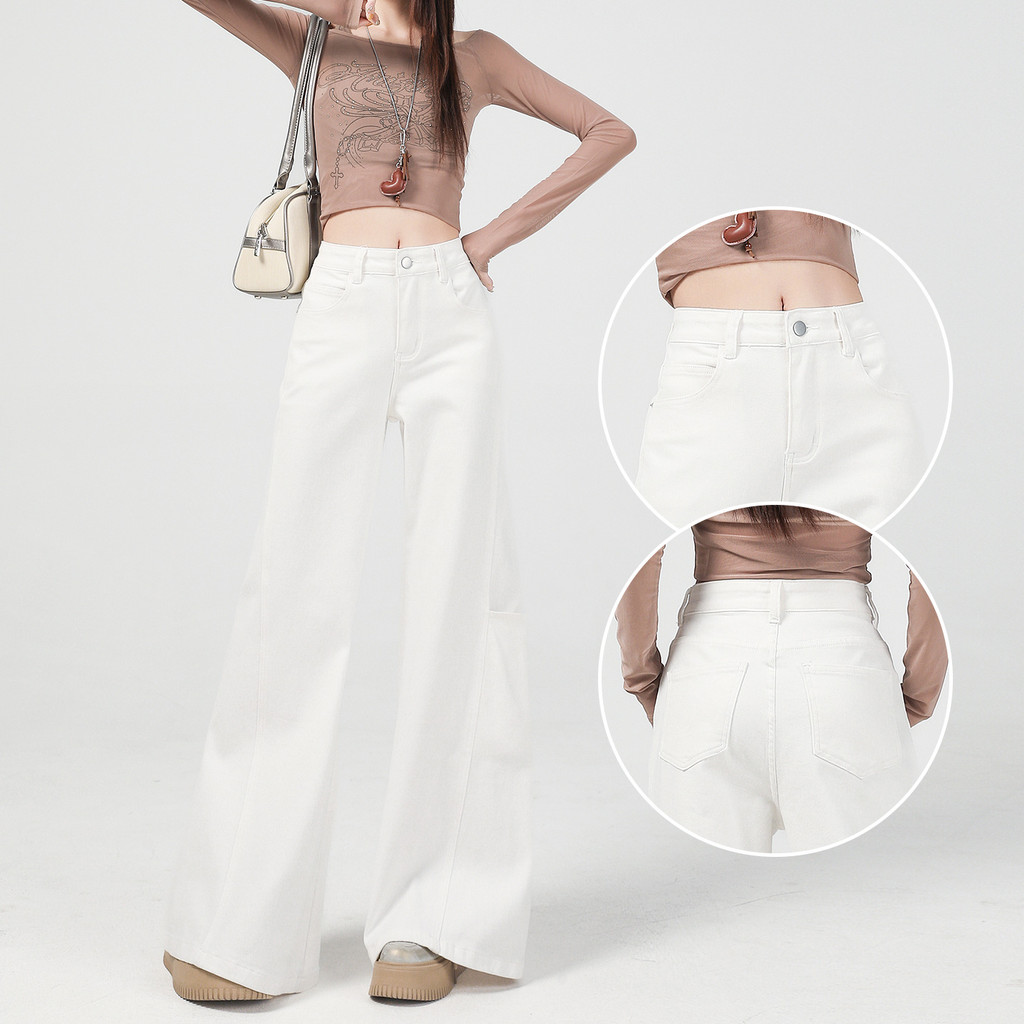 กางเกงสแล็ค กางเกงวอร์ม baggy jeans หญิง กางเกงยีンส์ขาบานสีขาวผู้หญิง แบบเอวสูง ทรงหลวม เหมาะสำหรับฤ