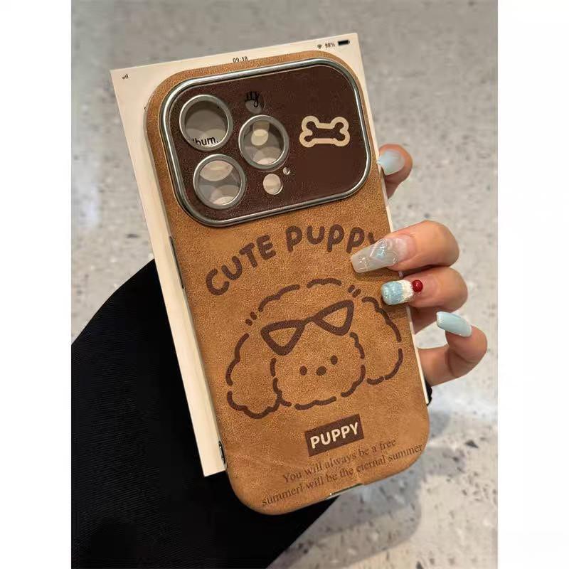 Big Ear Line Puppy Electroplated หน้าต่างขนาดใหญ่ขนแกะหนัง iPhone สําหรับ iPhone 16 Pro Max/15/14 Pr