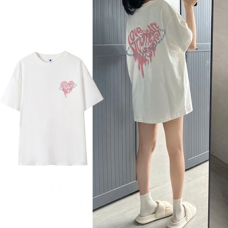 2026时尚 2026ACE BEAUTY ผ้าฝ้าย 100% ใหม่หลวม Unisex สีชมพูหัวใจพิมพ์ผู้หญิง Tees ผู้หญิง Baggy คอรอบ 