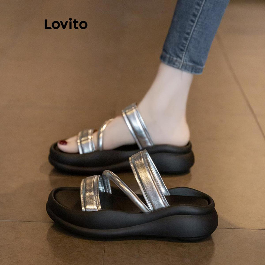 Lovito รองเท้าแตะพื้นหนา สีเงิน เพิ่มความสูง สำหรับผู้หญิง รุ่น LFA53002