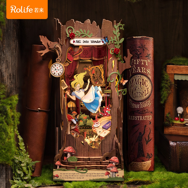 Rolife rolife rolife rolife ตก wonderland bookend กระท่อม diy ประกอบทําด้วยมืออาคารบล็อกปริศนาของขวั
