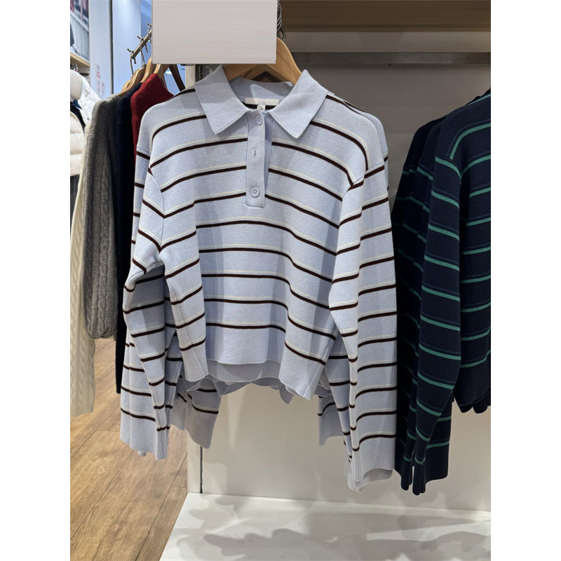 เสื้อแขนยาวสไตล์ญี่ปุ่น แบบ Polo ผ้าฝ้ายเรียบ สำหรับผู้หญิง
