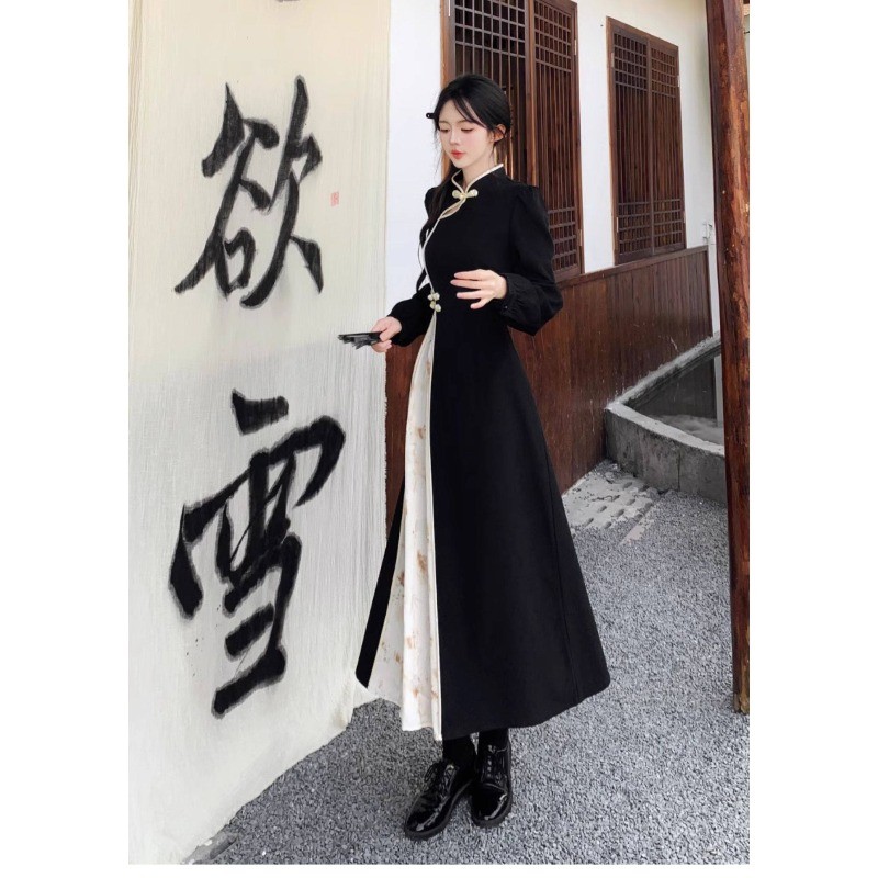 (ส่งจากกรุงเทพฯ)กี่เพ้าประยุกต์ ผู้หญิง รูปยาวสไตล์จีนใหม่ ชุดผู้หญิง สีดำ สีขาว สัมมัติ สีขาว - รูปที่ 6