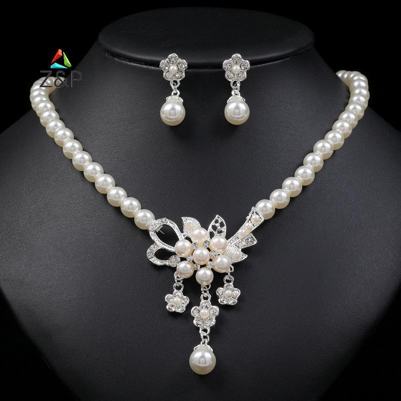 Z&P 1 ชุดสร้อยคอผู้หญิงลูกปัดGlossy Faux Pearls Rhinestoneดอกไม้ฝังสร้อยคอต่างหูสตั๊ดชุดCOD