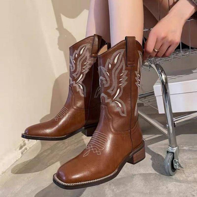 JA3 Western Cowboy Boots ปัก Mid-Tube Che