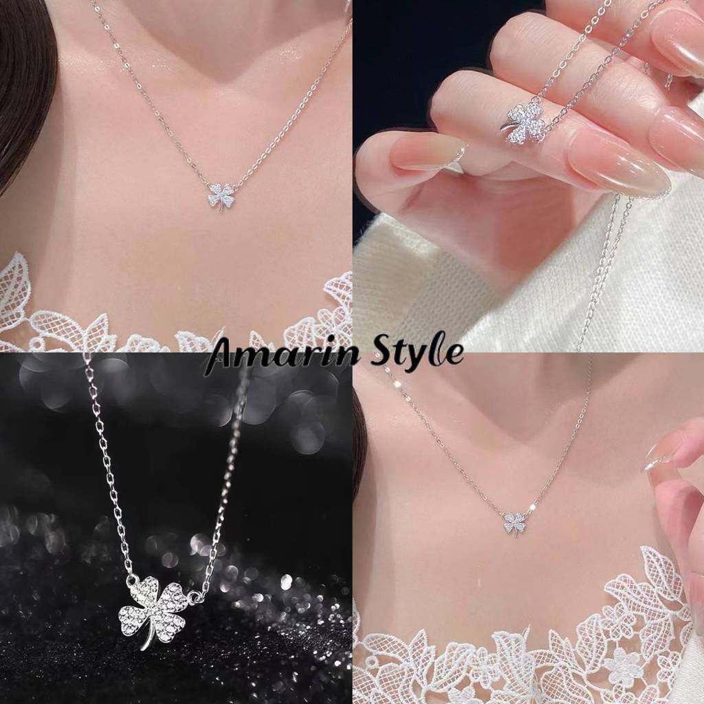Amarin พร้อมส่ง สร้อยคอจี้ใบโคลเวอร์สี่แฉก ประดับเพชร สไตล์มินิมอล สำหรับผู้หญิง BRL-25