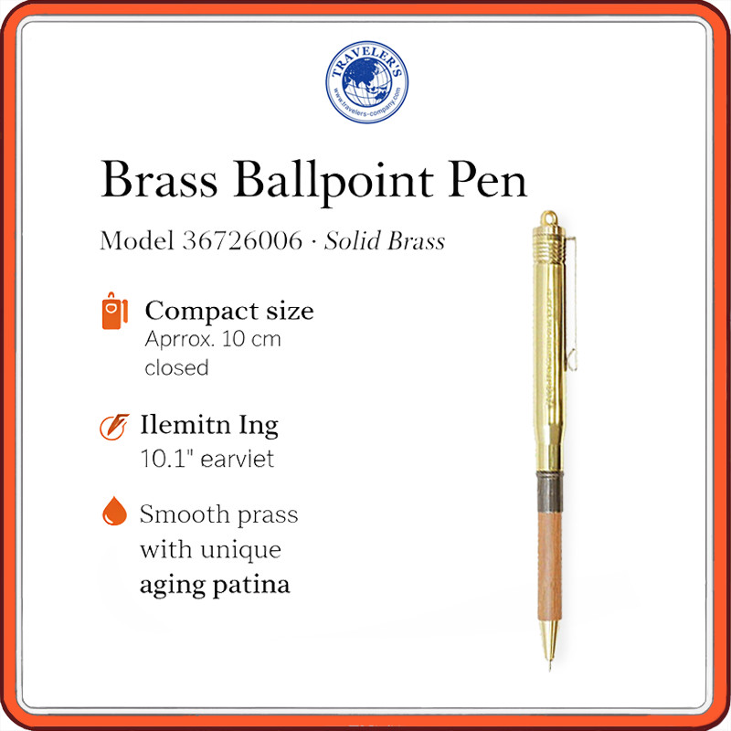 TRAVELER’S COMPANY Brass Ballpoint Pen 36726006 – Solid Brass Compact EDC Pen with Wooden Barrel, Re