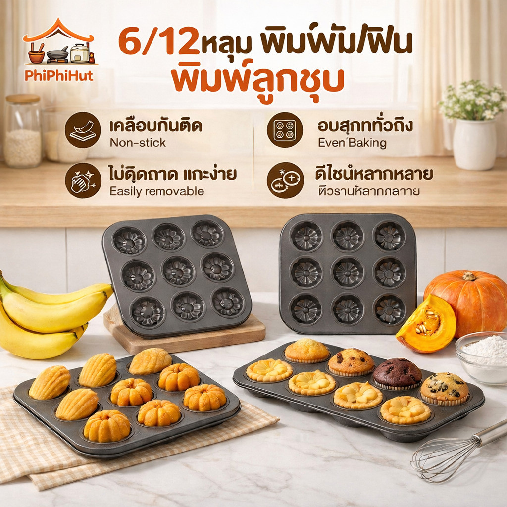PPH 6/12หลุม พิมพ์มัฟฟิน พิมพ์ลูกชุบ  พิมพ์อบมัฟฟิน พิมพ์มัฟฟิน พิมพ์คัพเค้ก