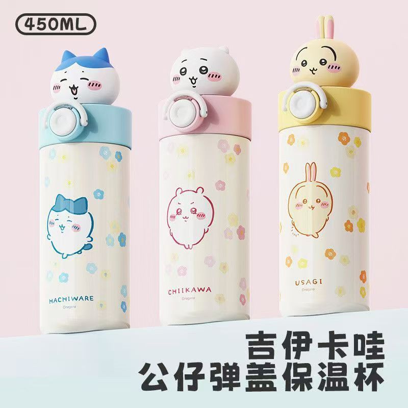 กระบอกน้ำเก็บอุณหภูมิ Chiikawa สแตนเลส 316 แบบมีหลอดดูด ฝาเด้ง 450ml ลายน่ารัก อุซางิ ฮาจิวาเระ