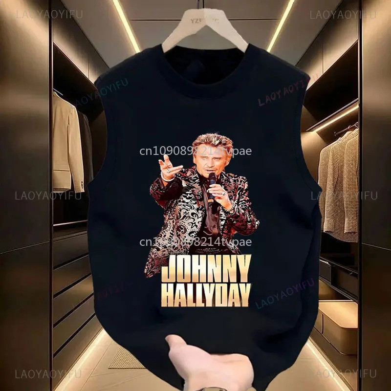 เสื้อกล้ามคลาสสิก Johnny Hallyday สำหรับผู้ชายและผู้หญิง สไตล์วินเทจ ผ้าฝ้าย คอกลม ดีไซน์เท่ ชวนให้ห