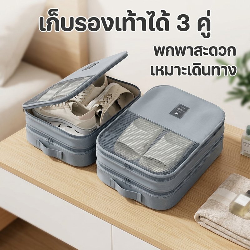 กระเป๋ารองเท้า กันน้ำ มัลติฟังก์ชั่น เก็บรองเท้าได้ 3 คู่ สำหรับการเดินทาง พกพาสะดวก