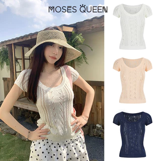 MOSESQUEEN เสื้อเบลาส์แขนสั้นทรงหลวม ลายฉลุ คอปก สำหรับฤดูร้อน #69028