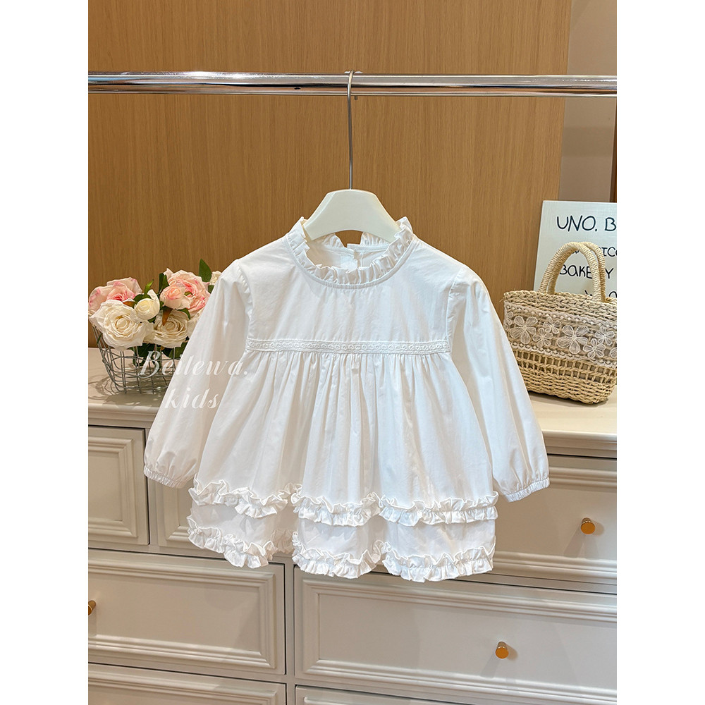 สาวสไตล์ใหม่ All-Match สีขาวลูกไม้เสื้อแขนยาวเด็กผู้หญิงเวอร์ชั่นเกาหลีเด็กสไตล์ลําลองแฟชั่นเสื้อผ้าเด็ก