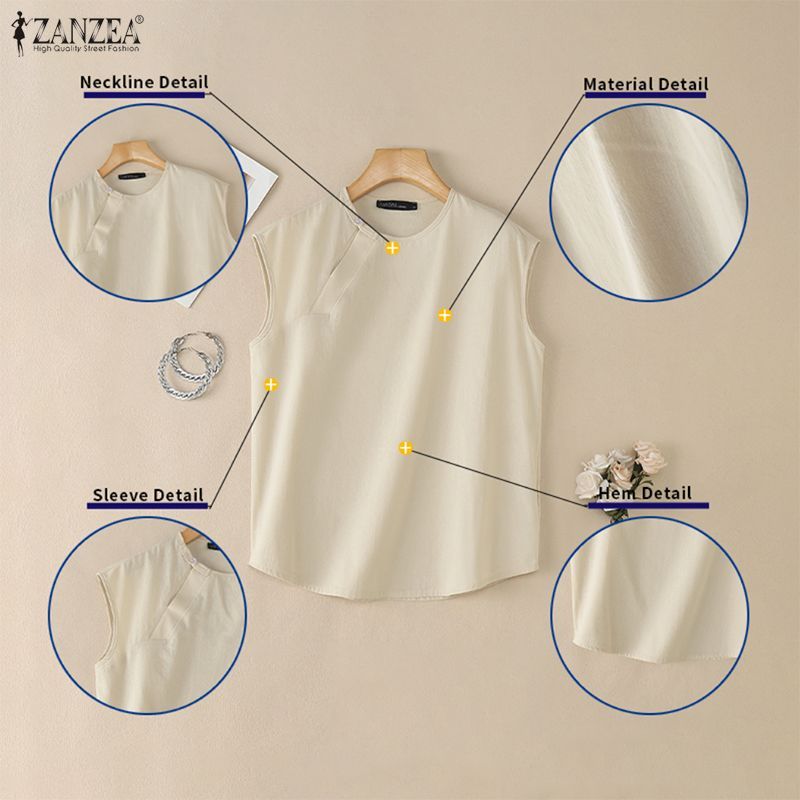 ZANZEA เสื้อเบลาส์เรียบง่ายสไตล์เกาหลีของผู้หญิงทุกวันลําลอง O คอแขนกุดสีทึบ — صورة 7