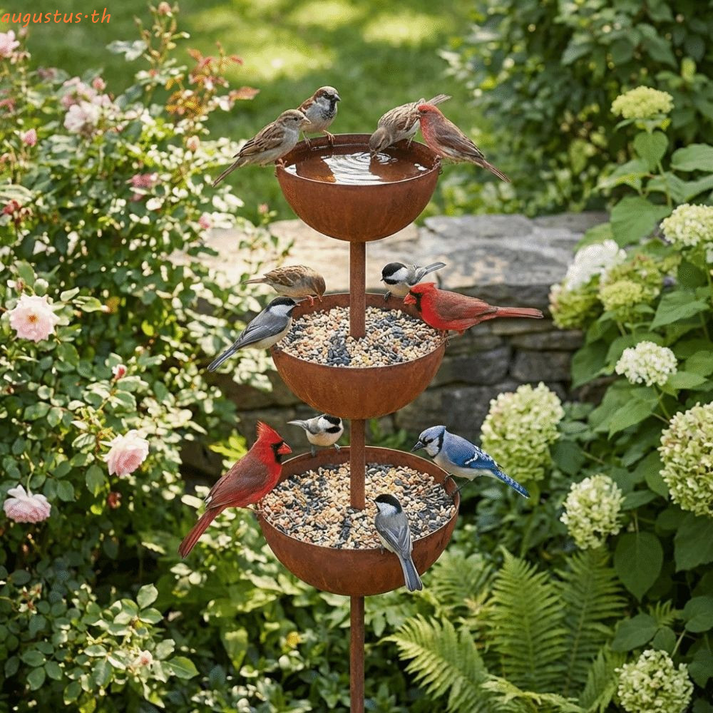 AUGUSTUS Metal Bird Bath, Vintage Iron 3 ชั้นชามตู้น้ํานก,ปฏิบัติสนิมสวน Stake ตกแต่ง Birdbath ขาตั้งสวนกลางแจ้ง
