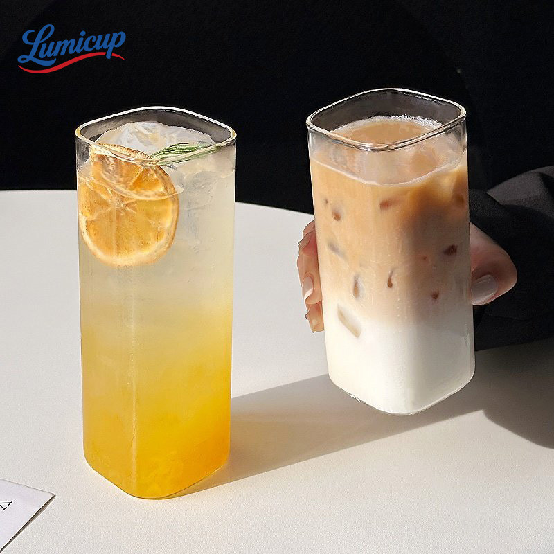 แก้วกระจกรูปทรงสี่เหลี่ยมตรง สไตล์อินส์ แก้วกาแฟไอซ์/ชาเย็น 3 ขนาดให้เลือก สำหรับบ้านและร้านกาแฟ