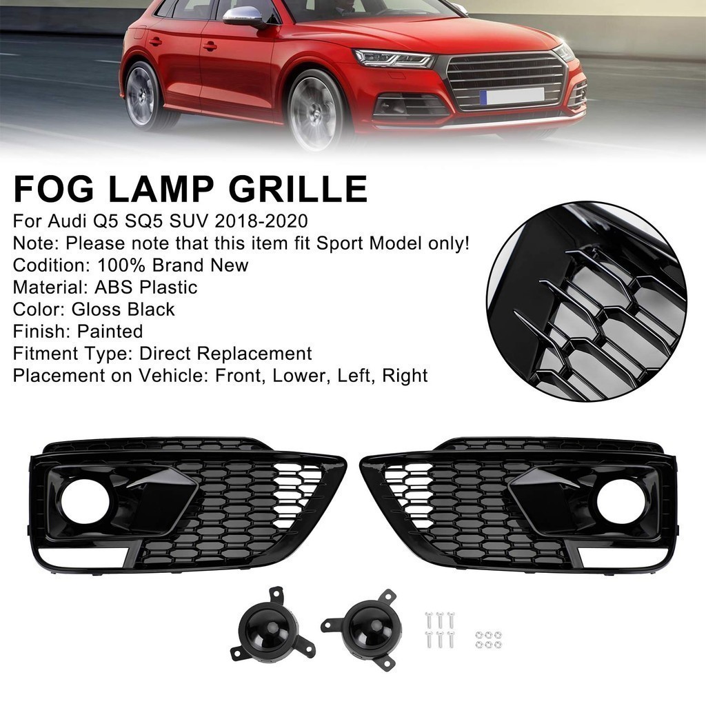 Areyourshop RSQ5 สีดําด้านหน้ารังผึ้งหมอกโคมไฟ Grilles สําหรับ Audi Q5 SQ5 2018 2019 2020