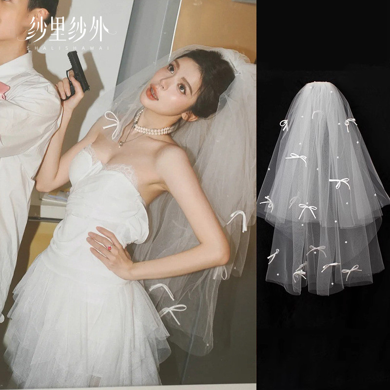 韩式新娘头纱头饰仙美小蝴蝶结珍珠发饰主婚纱造型可爱拍照配饰品Korean-style bridal veil headdress fairy beauty small bow Jane guailan