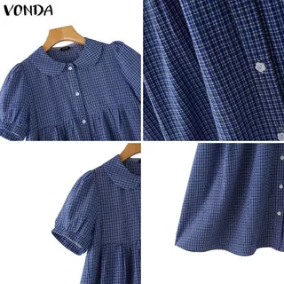 Vonda เดรสสั้นลายสก๊อตสำหรับผู้หญิง สไตล์เกาหลี พอดีตัวและน่ารัก