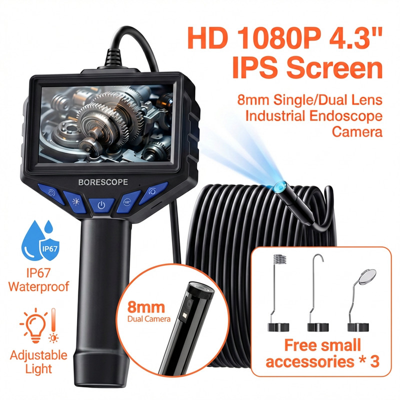 กล้อง Endoscope 8 มม.เดี่ยว/เลนส์คู่ 1080P HD 4.3 นิ้วหน้าจอ IPS 8 ไฟ LED IP67 กันน้ํา Borescope กล้อง