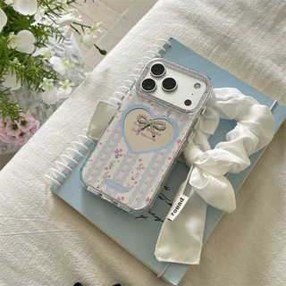 น่ารักหรูหราโบว์หัวใจกระจกเคสโทรศัพท์สําหรับiPhone 16 ProกรณีiPhone 15 17 16 Pro Max 17Promaxเกาหลีดอกไม้ที่มีสีสันกันกระแทกปกอ่อนFundas