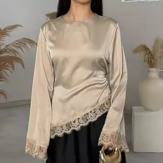 มุสลิมผู้หญิงซาตินคอกลมแขนยาวด้านบนเสื้อลูกไม้ฝรั่งเศสหรูหราออกแบบชายไม่สมมาตรนุ่มและเป็นมิตรกับผิวแฟชั่นและอเนกประสงค์สําหรับสวมใส่ทุกวัน