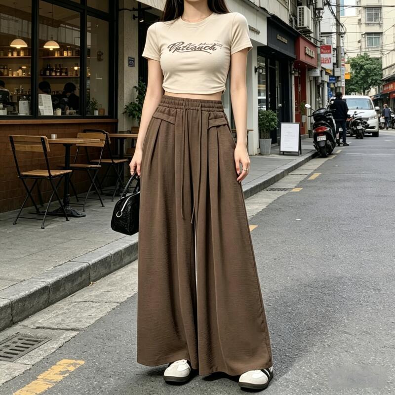 ผู้หญิงเอวสูงขากว้างฤดูร้อนใหม่เวอร์ชั่นเกาหลีระบายอากาศถนนสีทึบกางเกงลําลอง