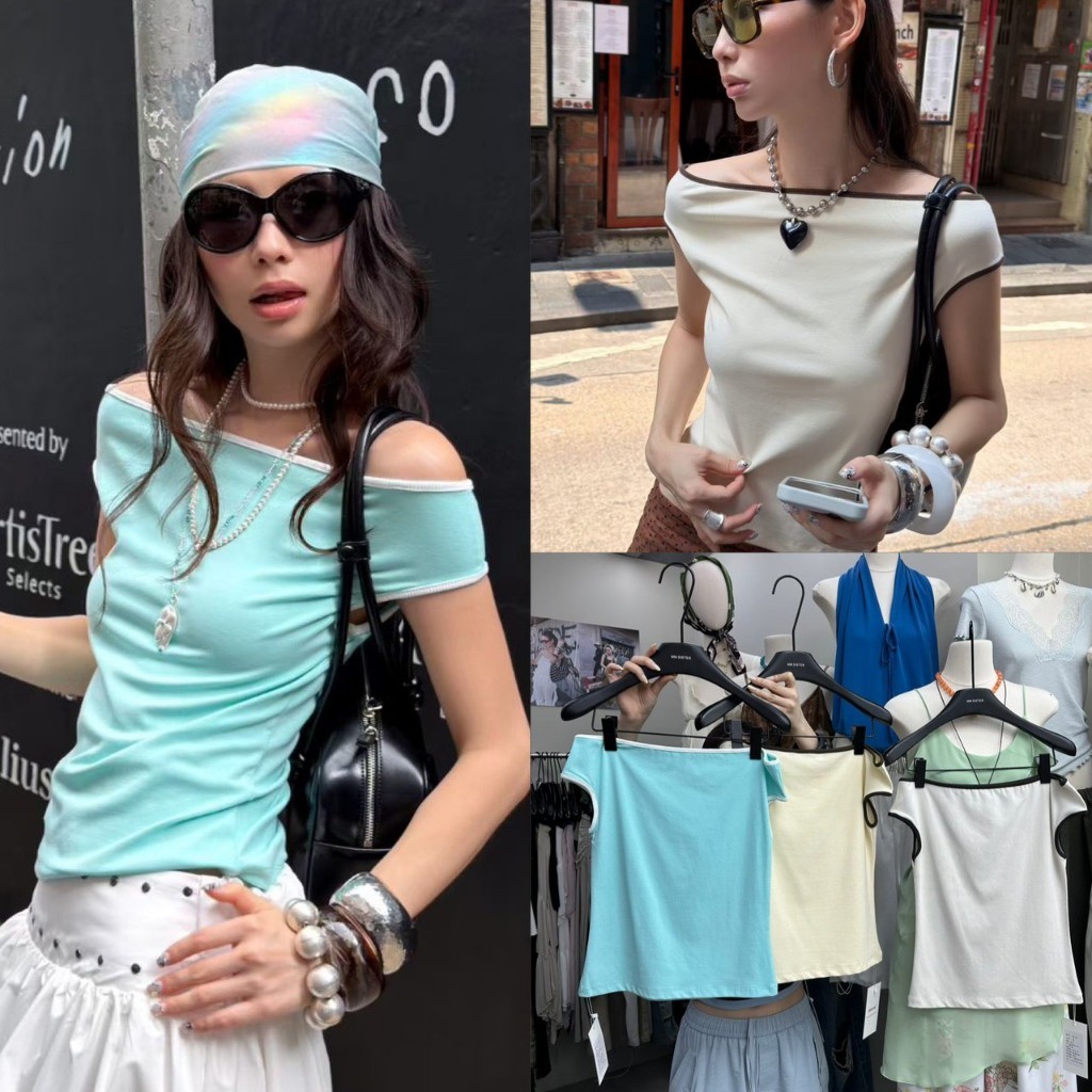 ❤ 🧵 🇰🇷 SU192 เสื้อปาดไหล่มีแขน ตัดขอบสี ผ้ายืด ใส่สบาย สีสวยเก๋ งานน่ารัก ทรงพอดีตัวสวยเลยค่า แฟชั่นเกาหลี TAG MM Fish 🧡