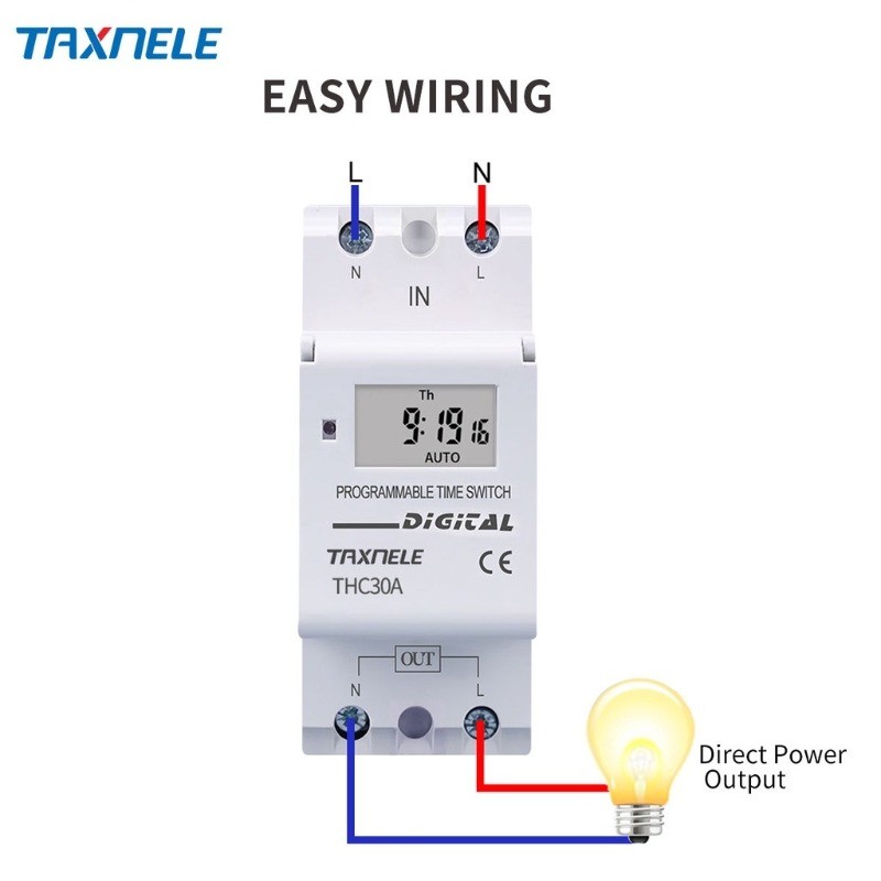 TAXNELE Digital Timer Switch สวิตช์ตั้งเวลารายสัปดาห์ 2 สาย Din Rail 220V 30A เปิดปิดอัตโนมัติ