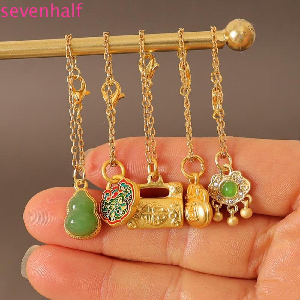 SEVENHALF สร้อยคอจําลองขนาดเล็ก,ความงามจีน 1/6 Mini BJD หยกหัวเข็มขัดสร้อยคอ,ทองล็อค Blessing DIY Dr