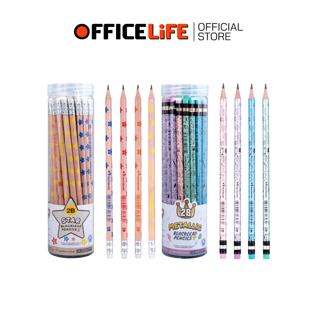 Master Art (มาสเตอร์อาร์ต) ดินสอดำ ดินสอไม้ รุ่นแฟนซี ความเข้ม 2B No.6 / No.5  (36 แท่ง / กระปุก)
