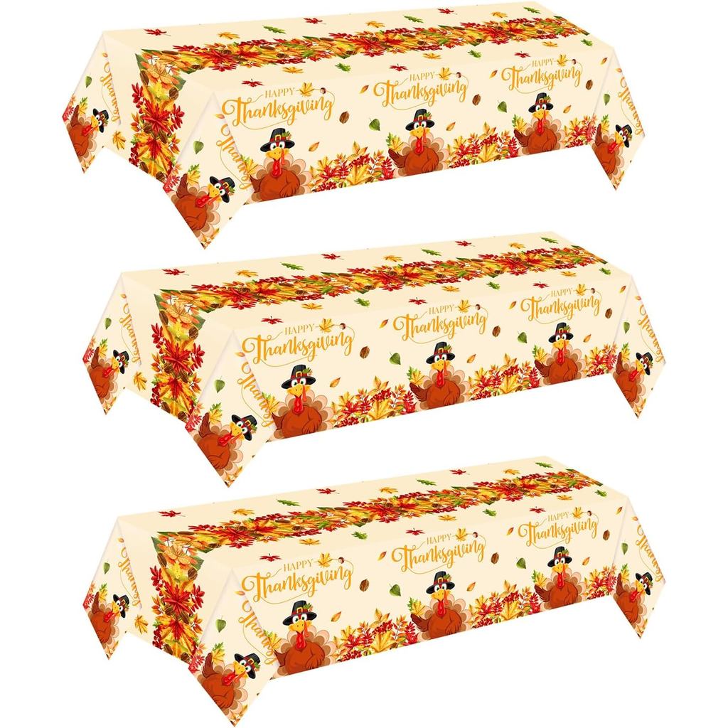 วันขอบคุณพระเจ้าผ้าปูโต๊ะ 3 ชิ้นฤดูใบไม้ร่วงผ้าปูโต๊ะสี่เหลี่ยมผืนผ้า Maple Leaf Turkey ผ้าปูโต๊ะฤดู