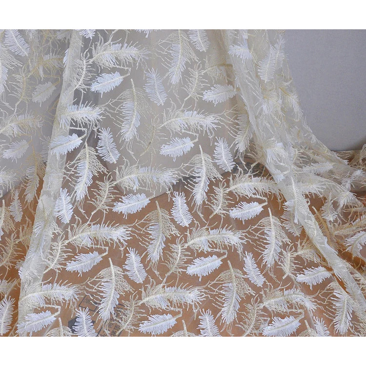 3D white gold embroidery feather mesh embroidery fabric dress fabric wedding dress lace fabric