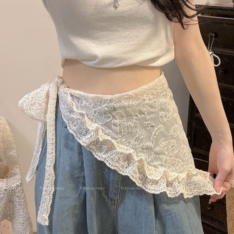 韩国设计款提花网纱腰巾屁帘两用蕾丝头巾女新款叠穿下摆绑带裙帘Korean design jacquard mesh waist towel fart curtain dual-us 3c9x2qv2o