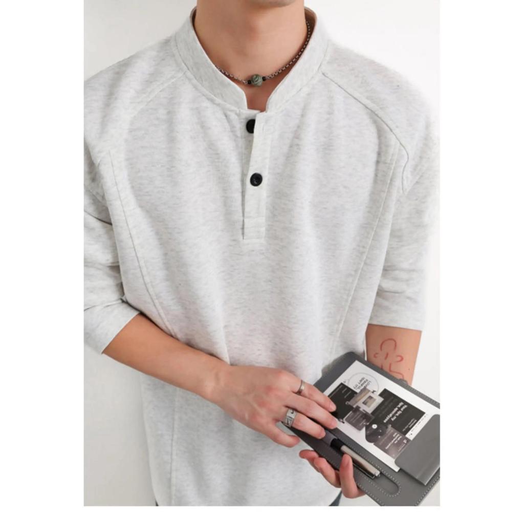56 MEN Henley shirt CX81 เสื้อยืดแขนยาว คอHenley สไตล์เกาหลี สี ดำ ขาว เทา สีพื้น ชายหญิงใส่ได้