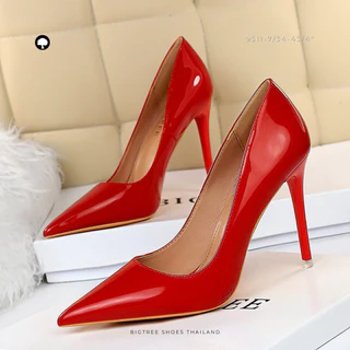 Bigtree Shoes Thailand ส้นสูงหนังแก้วหัวแหลม ใส่ทำงาน-ออกงาน สูง 3/4 นิ้ว | ไซซ์ 34-43 | รุ่น 9511-6