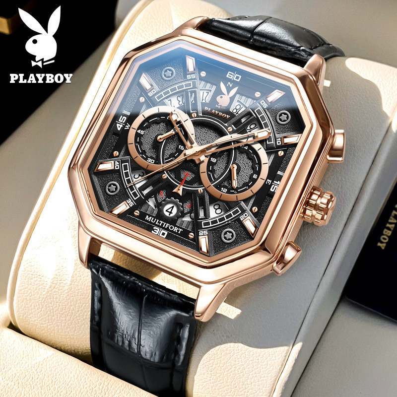 PLAYBOY 3068 นาฬิกาแบรนด์ Square Punk Hollow นาฬิกากลไกอัตโนมัตินาฬิกาผู้ชายนาฬิกาผู้ชายนาฬิกาผู้ชาย