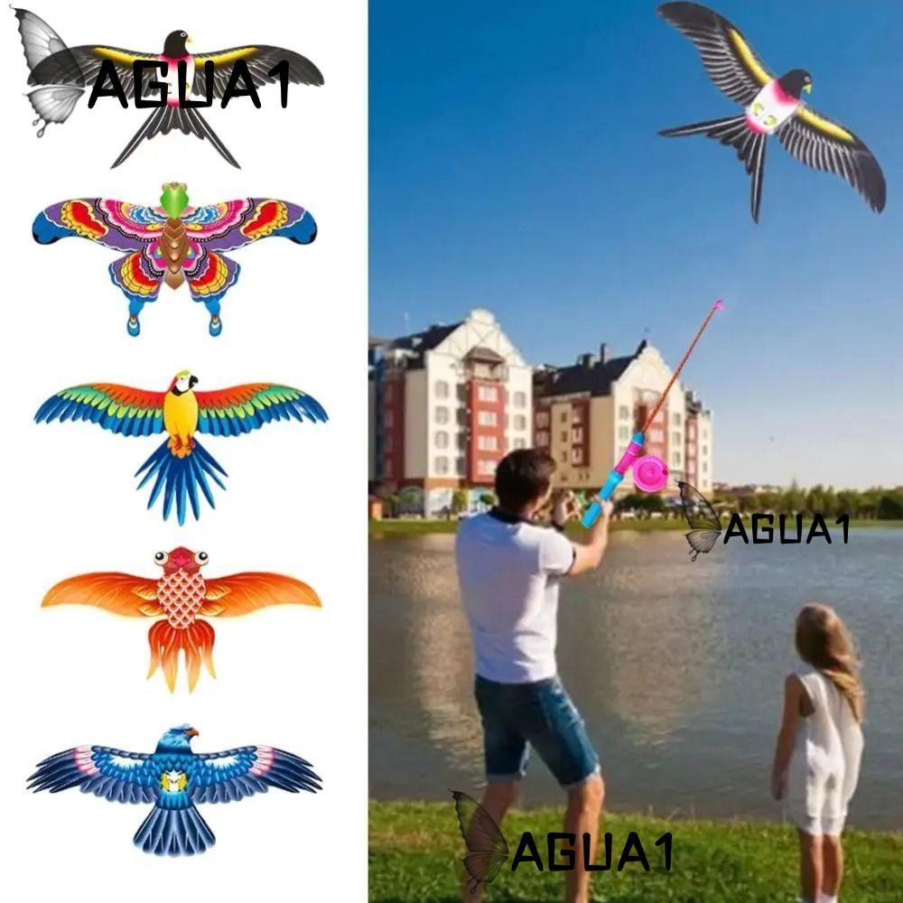 AGUA1 Kite, Blue Butterfly Cartoon Fishing Rod Kite, Dynamic Ripstop สีสัน Bird Kite Family Interact