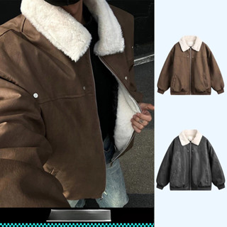 เสื้อแจ็คเก็ตหนังวินเทจสำหรับผู้ชาย ทรงหลวมและอบอุ่น พร้อมขน…