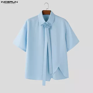 INCERUN ผู้ชายเกาหลี Elegant Casual Turn-Down-Collar 3D ดอกไม้ Tie Design แขนสั้น Slit Hem เสื้อ