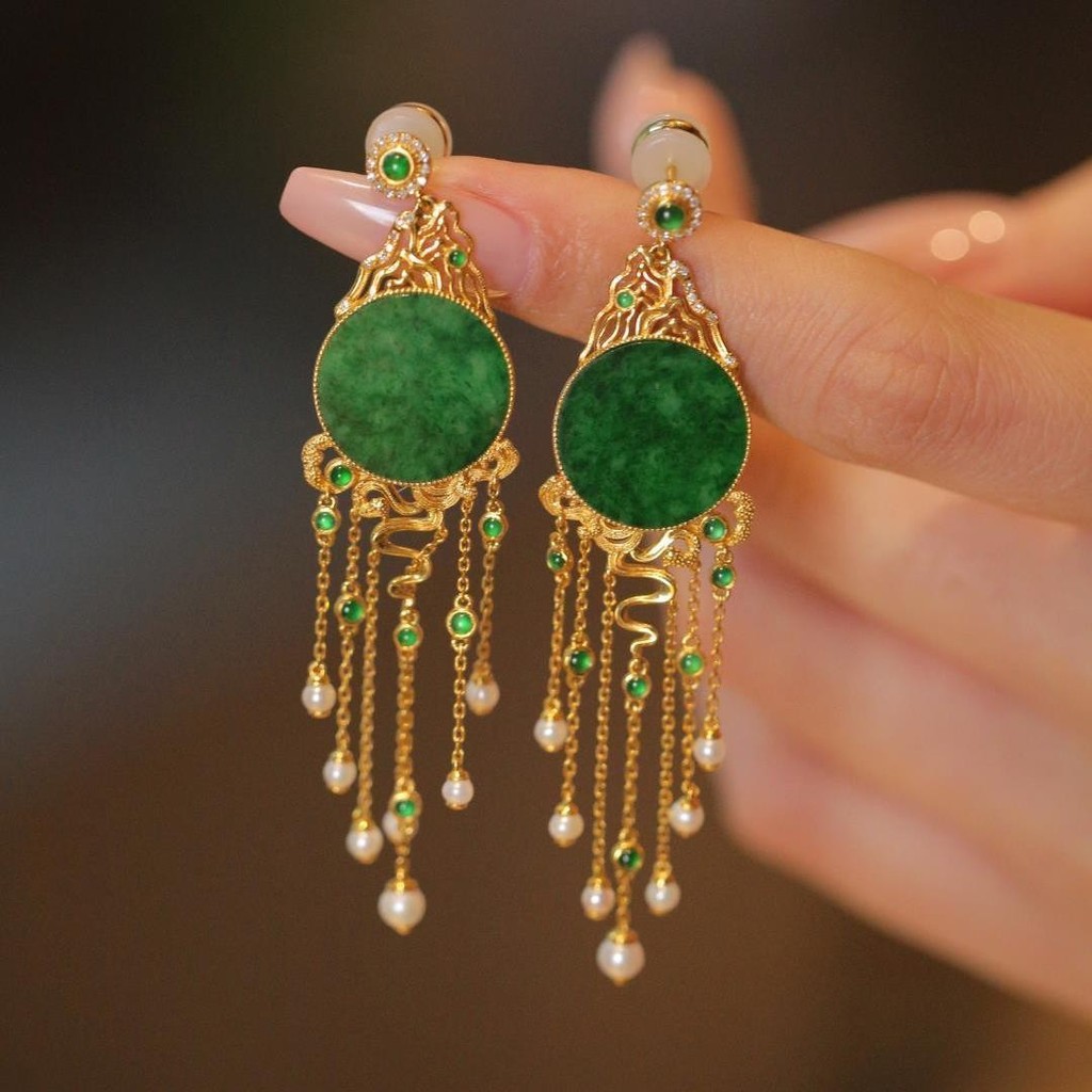 ใหม่สไตล์จีนต่างหู Sunrise River Mountain สีธรรมชาติ Chalcedony Full สีเขียวรอบแผ่นเพิร์ลพู่ต่างหู#G