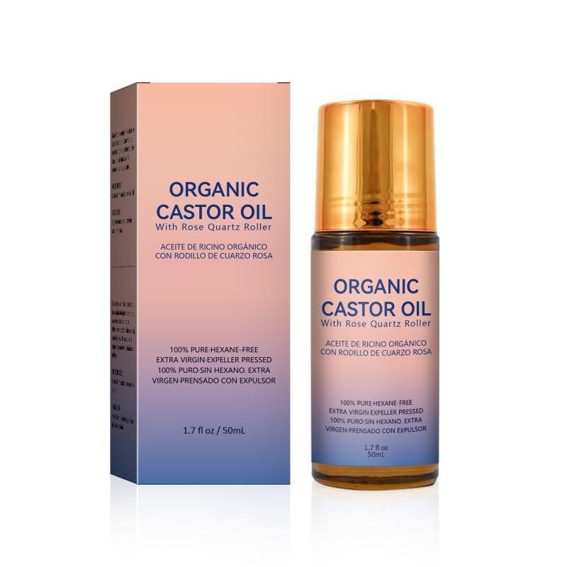OrganicCastorOilRoll-OnwithRoseQuartz,100%PureCold-Press&Unrefined,Hexane-Free,For,Eyelashs,50mL(1.7