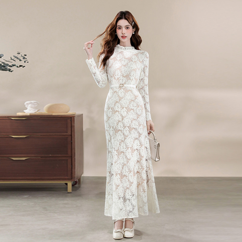 202512v ใหม่แฟชั่นคอตั้งลูกปัดแขนยาวลูกไม้7271 DRESS