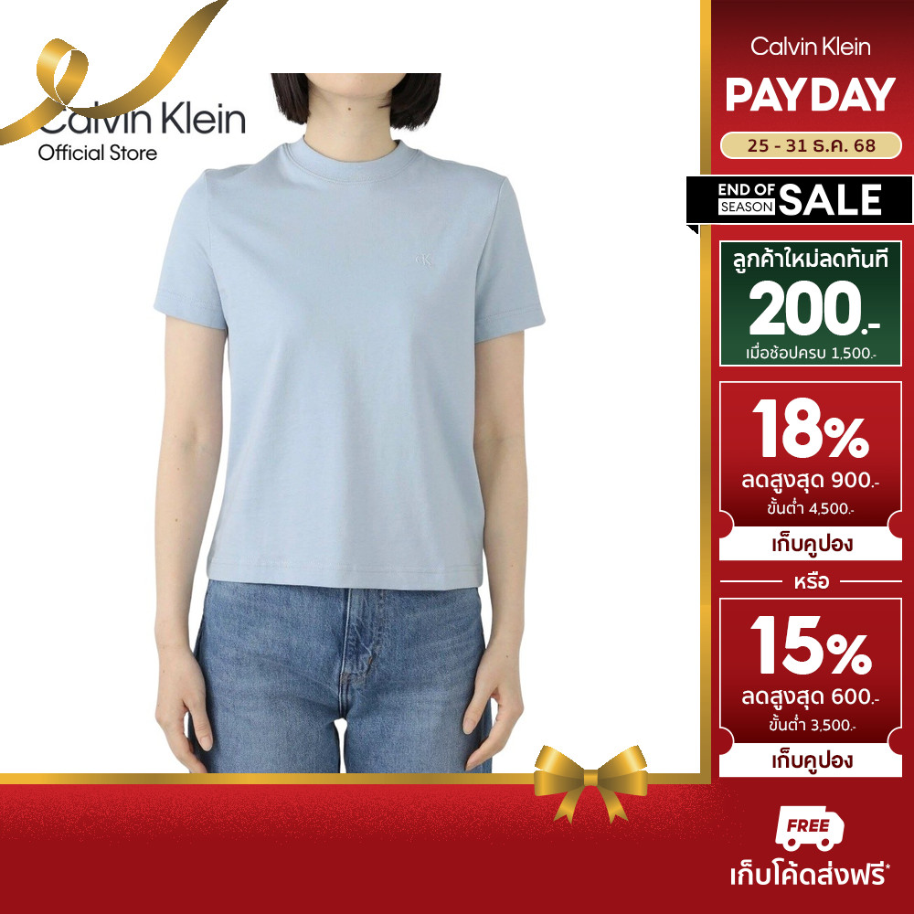 CALVIN KLEIN เสื้อยืดคอกลมแขนสั้นผู้หญิง Essentials CK Logo ทรง Regular รุ่น 47A