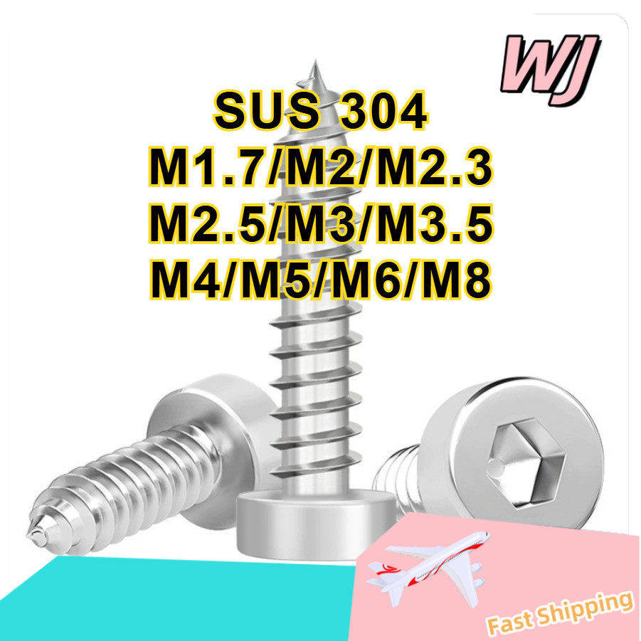 304 สแตนเลสสตีลหัวทรงกระบอกหกเหลี่ยมสกรูแตะตัวเองถ้วยหัวเคล็ดลับสกรูหาง M1.7/M2/M2.3/M2.5/M3/M3.5/M4
