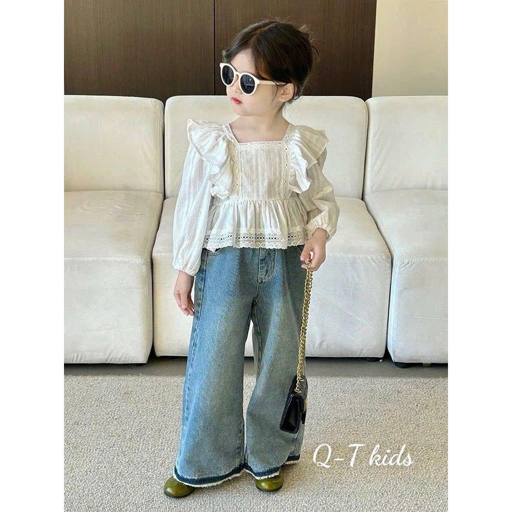 G355 (ขนาด 90-140) ชุดเซ็ทเสื้อแขนยาวสีขาวผ้าเย็น และกางเกงขายาวผ้ายีนส์นิ่ม