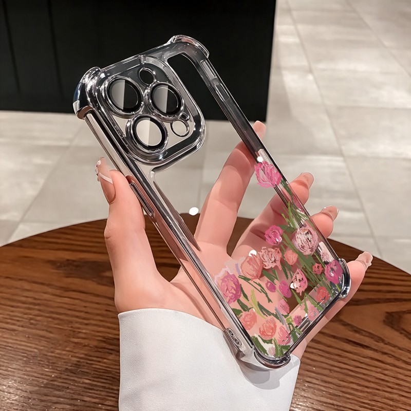 ชัดเจน เคส สำหรับ iPhone 17 16 14 13 12 15 pro max plus AIR หรูหราพรีเมี่ยมน่ารักดอกทิวลิปดอกไม้โปร่งใสชุบกันกระแทกกรณีโทรศัพท์อ่อน