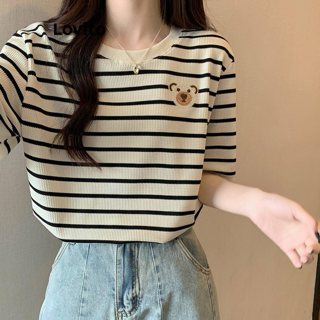 Lovito เสื้อยืดลําลองเสื้อยืดลายทางสําหรับผู้หญิง LNE38190 (แอปริคอท)