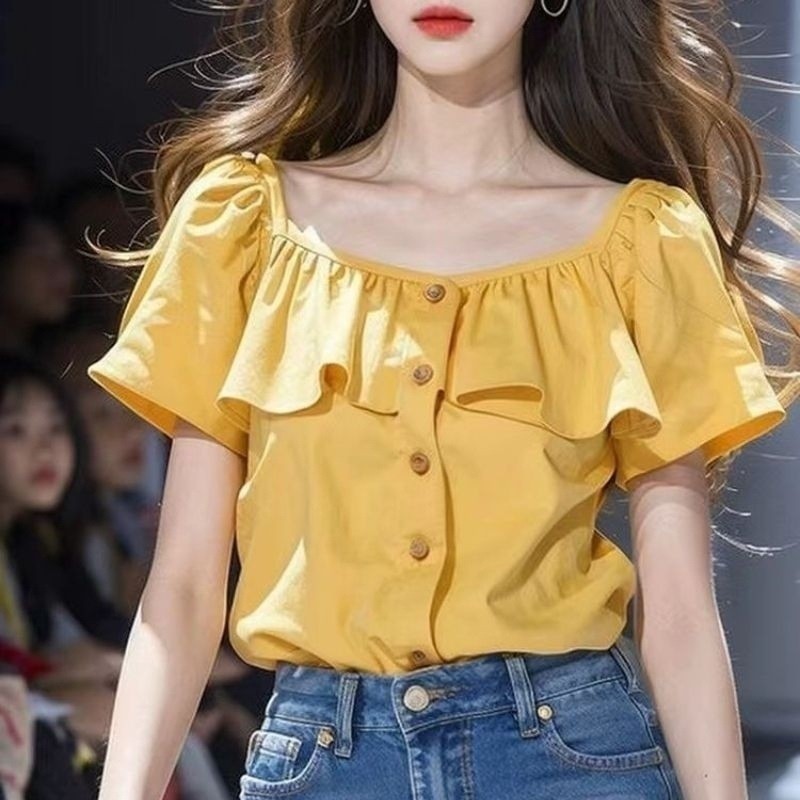 2025 French Mango Yellow Ruffled เสื้อชีฟองผู้หญิงแขนสั้นแฟชั่นฤดูร้อน Dopamine เสื้อ Top 2025 Mango